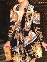 Printed V-Neck Belted Mini Dress - View 7 | Lwiis