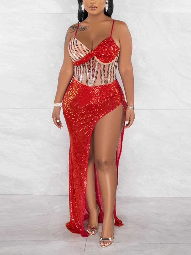 Sequin maxi dress with slit - View 6 | Lwiis