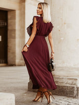 V-neck pleated maxi dress with ruffled trim and belted waist - View 19 | Lwiis