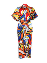 A colorful abstract print shirt dress with a tie waist and button front, laid flat.