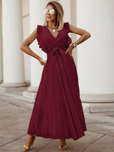 V-neck pleated maxi dress with ruffled trim and belted waist - View 17 | Lwiis