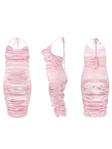 Product images of a pink satin ruched halter neck sheath dress from front, side, and back views.