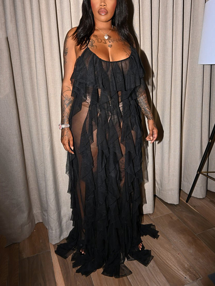Halter Neck Ruffle Tulle Dress - View 13 | Lwiis
