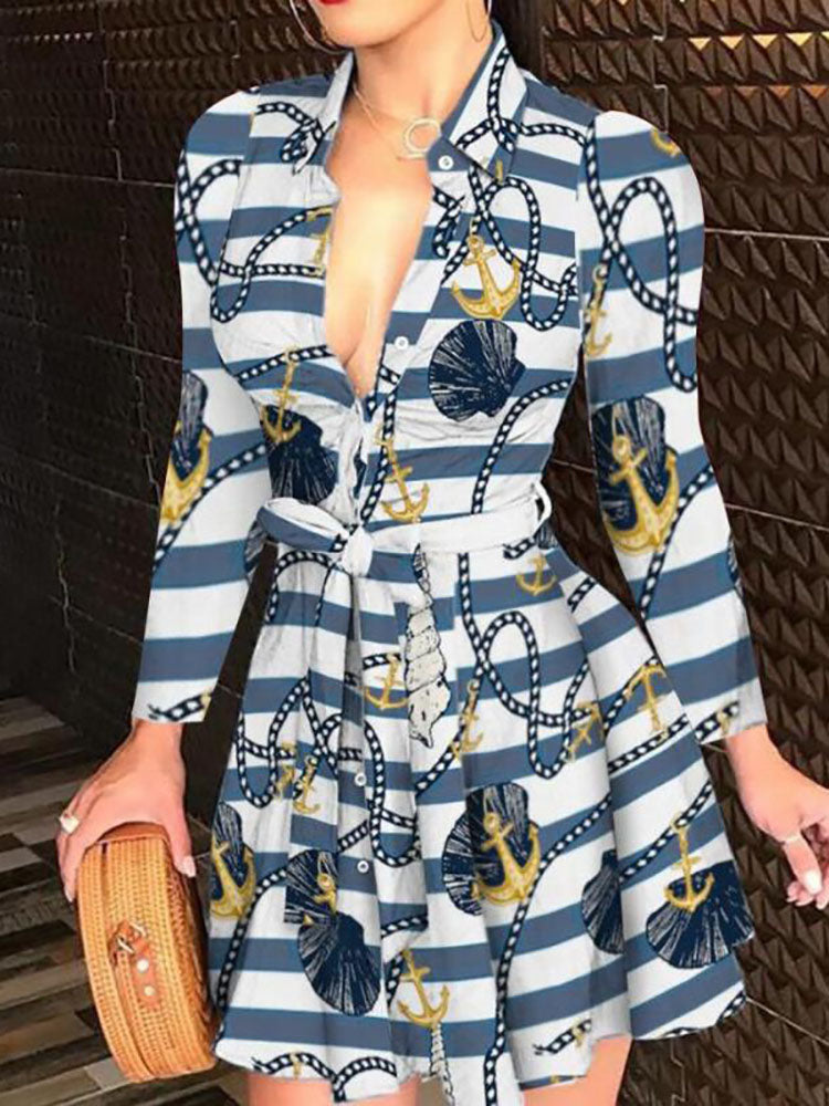 Printed V-Neck Belted Mini Dress - View 10 | Lwiis