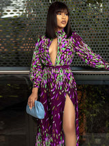 Feather print maxi dress with keyhole neckline and long sleeves - View 10 | Lwiis