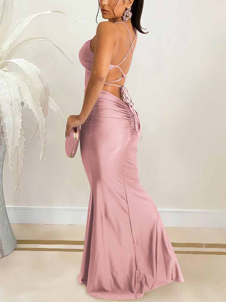 Green Spaghetti Strap Lace Up Maxi Dress - View 7 | Lwiis