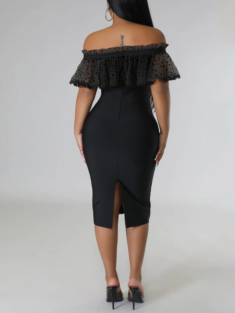 Off Shoulder Mesh Pearl Button Dress - View 15 | Lwiis