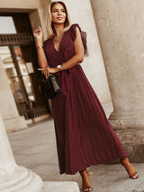 V-neck pleated maxi dress with ruffled trim and belted waist - View 18 | Lwiis