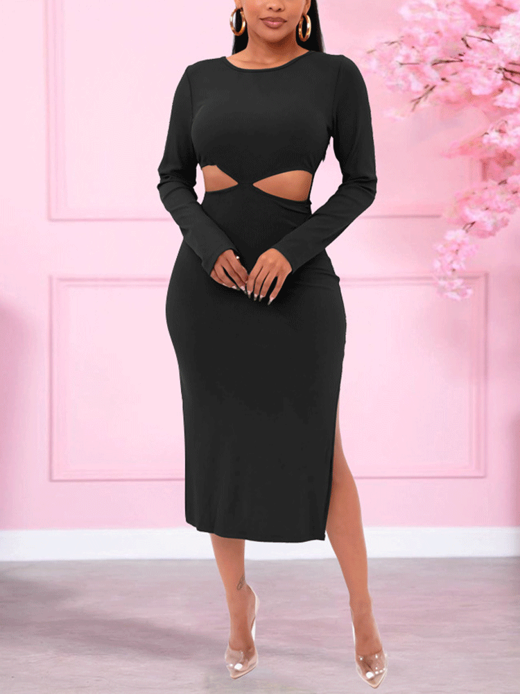 Woman wearing a long-sleeved black midi dress with cut-out details and a side slit.