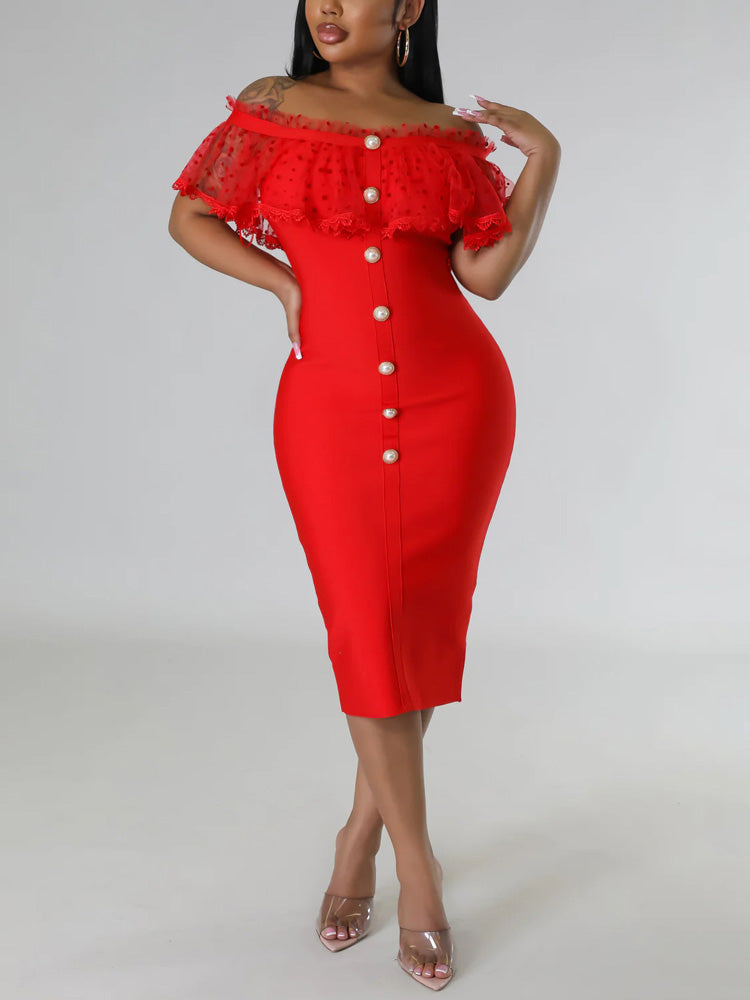 Off Shoulder Mesh Pearl Button Dress - View 6 | Lwiis