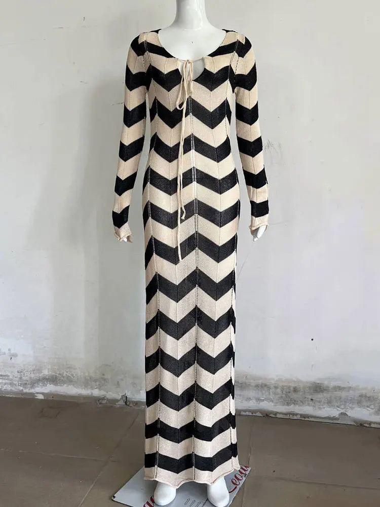 Geometric chevron knit maxi dress with long sleeves and tie neckline - View 6 | Lwiis