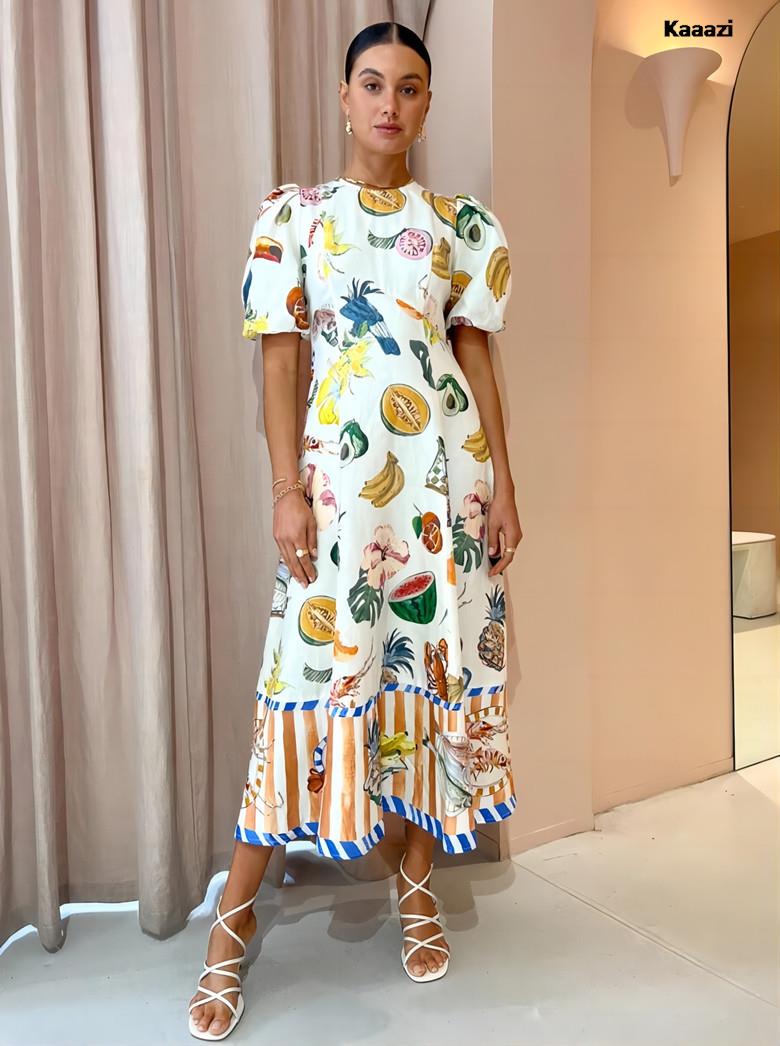 Women's tropical print maxi dress with puff sleeves and round neckline - View 7 | Lwiis