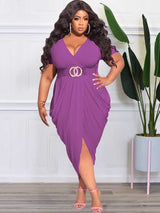 Ruched V-Neck Midi Dress - View 18 | Lwiis