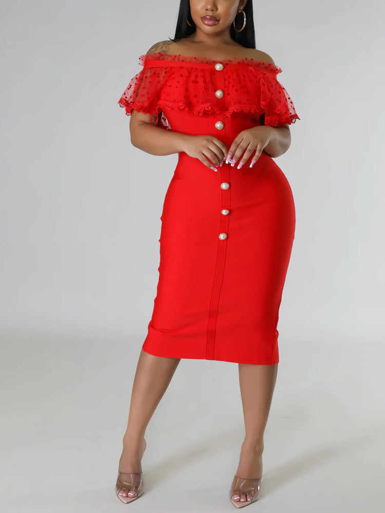 Woman wearing a red off-the-shoulder midi dress with ruffled overlay and button detailing.