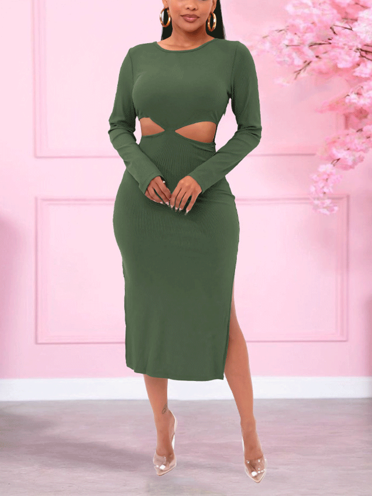 Woman wearing a long-sleeved olive green midi dress with cut-out details and a side slit.