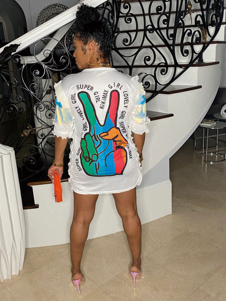Sequin graphic print t-shirt dress - View 8 | Lwiis