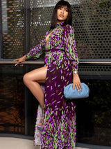 Feather print maxi dress with keyhole neckline and long sleeves - View 11 | Lwiis