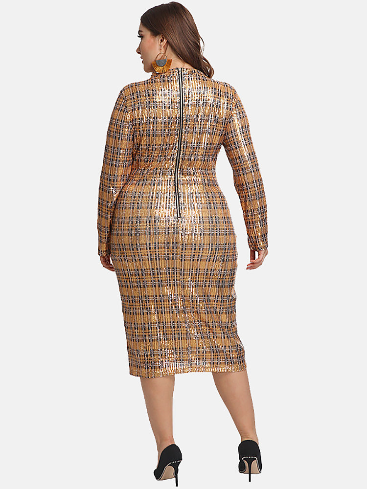 Plaid Sequin Long Sleeve Dress - View 10 | Lwiis
