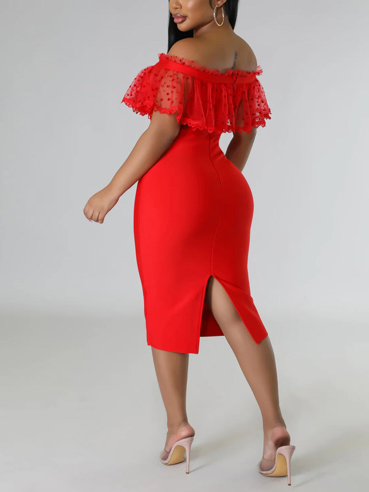 Off Shoulder Mesh Pearl Button Dress - View 7 | Lwiis