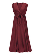 V-neck pleated maxi dress with ruffled trim and belted waist - View 20 | Lwiis