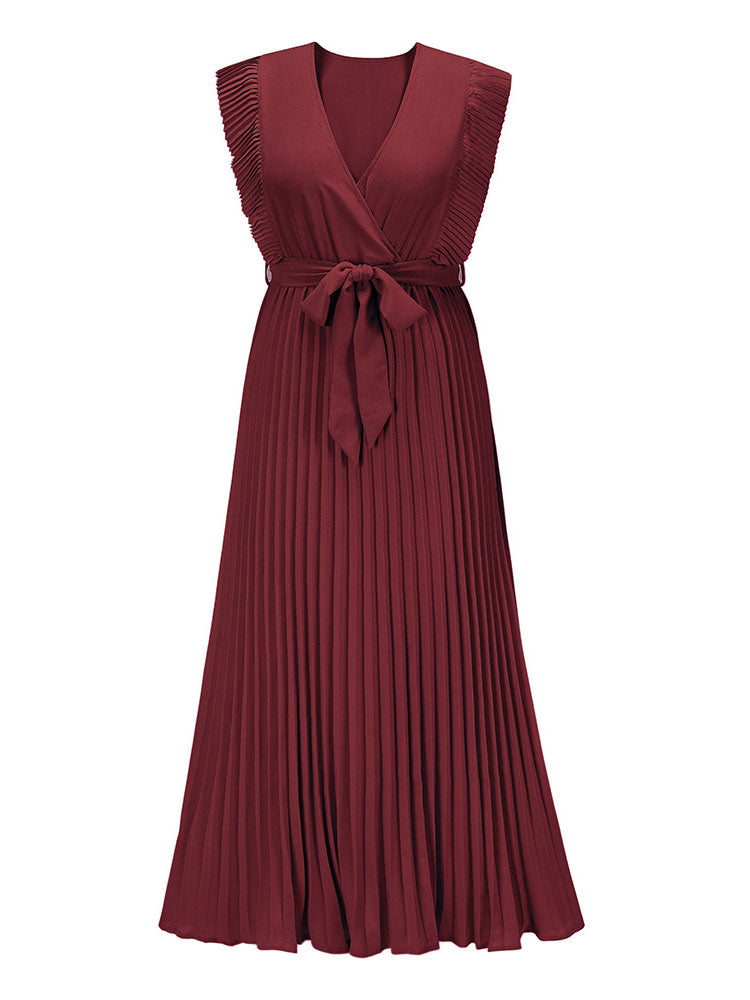 V-neck pleated maxi dress with ruffled trim and belted waist - View 20 | Lwiis