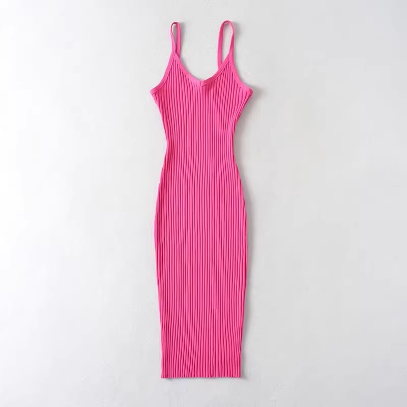 Hot pink ribbed knit midi dress with spaghetti straps and V-neck