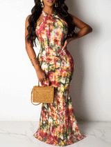 Halter neck maxi dress with tie-dye print - View 7 | Lwiis