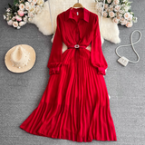 Pleated A-line maxi dress with belted waist and collared neckline - View 16 | Lwiis