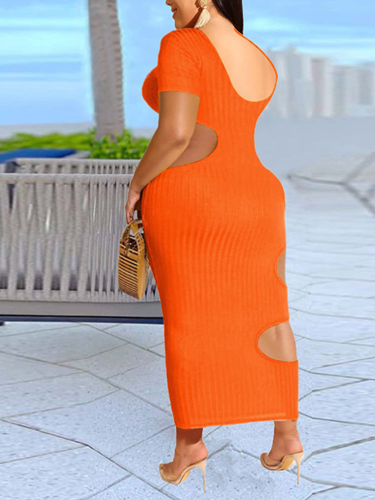 Ribbed knit fitted midi dress with cut-out detail - View 6 | Lwiis