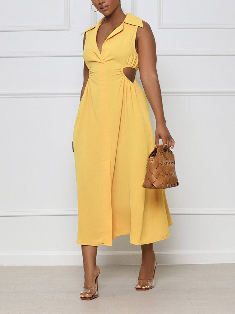 Collared Midi Dress with Side Cut-Out - View 9 | Lwiis