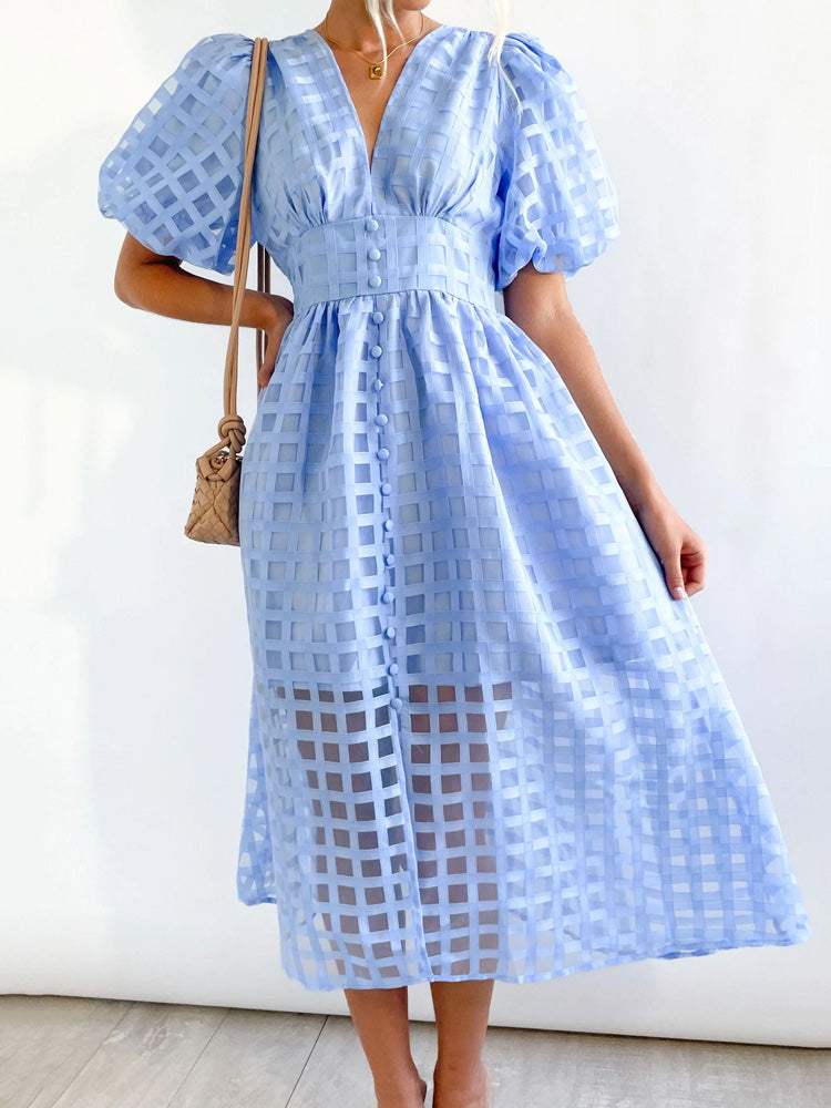 Plaid V-Neck Midi Dress - View 23 | Lwiis