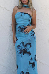 Floral print halter neck maxi dress - View 6 | Lwiis