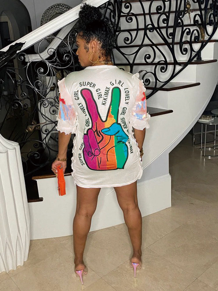 Sequin graphic print t-shirt dress - View 6 | Lwiis