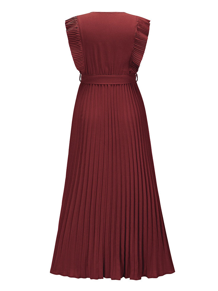 V-neck pleated maxi dress with ruffled trim and belted waist - View 21 | Lwiis