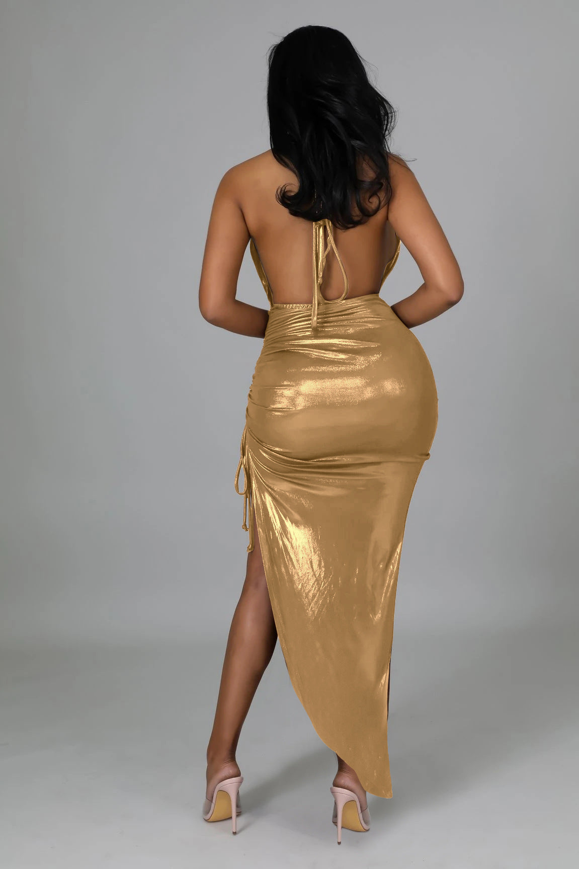 Metallic halter neck dress with high slit - View 8 | Lwiis