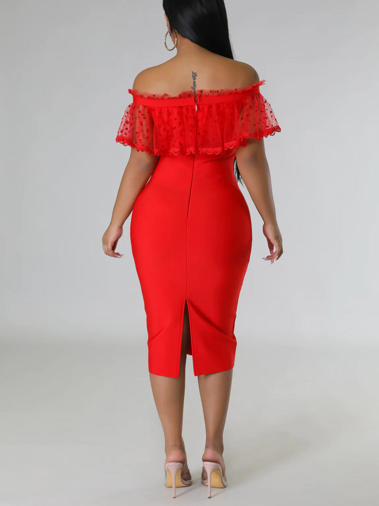 Off Shoulder Mesh Pearl Button Dress - View 8 | Lwiis