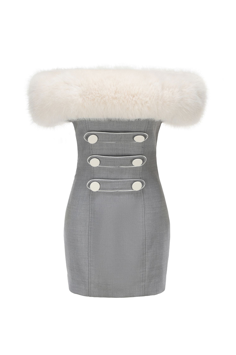 Off Shoulder Mini Dress with Faux Fur Trim - View 7 | Lwiis