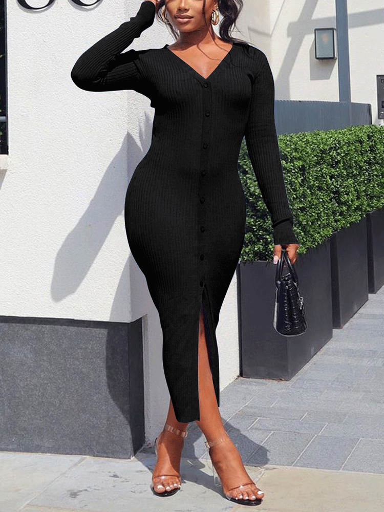 Woman wearing a black long-sleeve ribbed knit midi dress with a v-neck and button-down front.