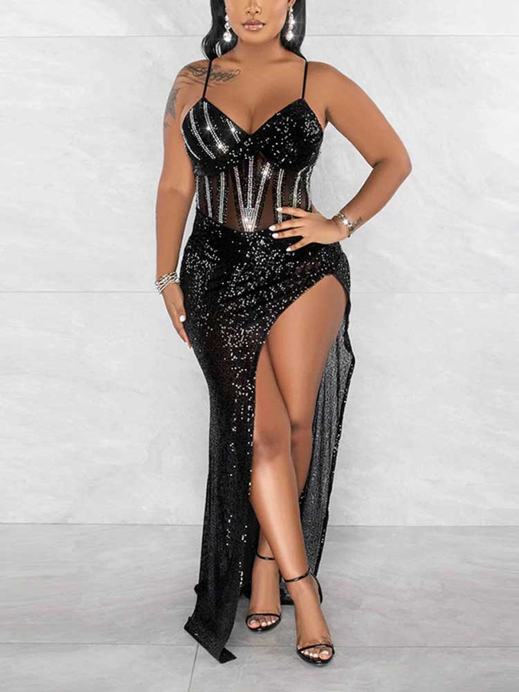 Front view of a black sequined maxi dress with a high slit.