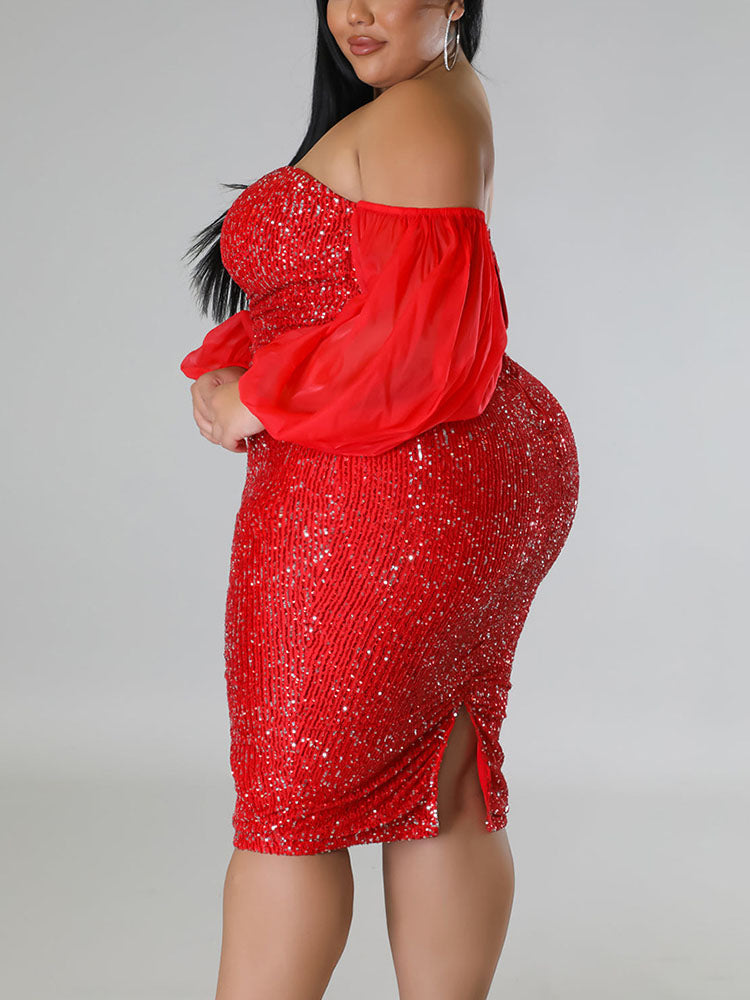 Sequin Midi Dress with Puff Sleeves - View 6 | Lwiis