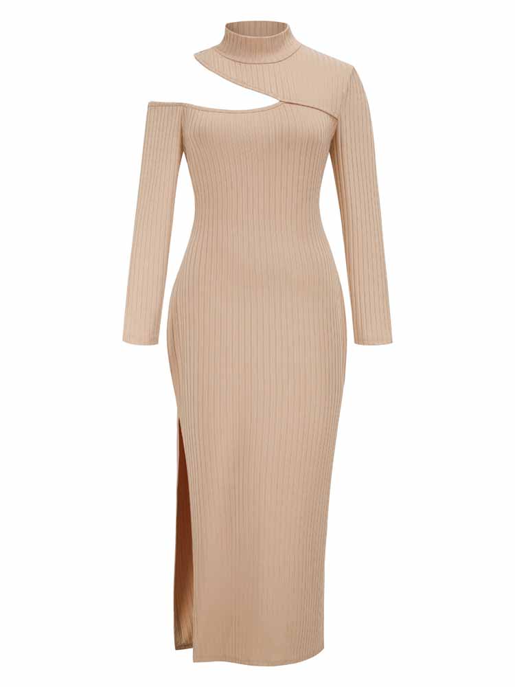 Front view of a beige ribbed knit maxi dress with a high neckline, asymmetrical shoulder cut-out, and high slit, displayed on a white background.
