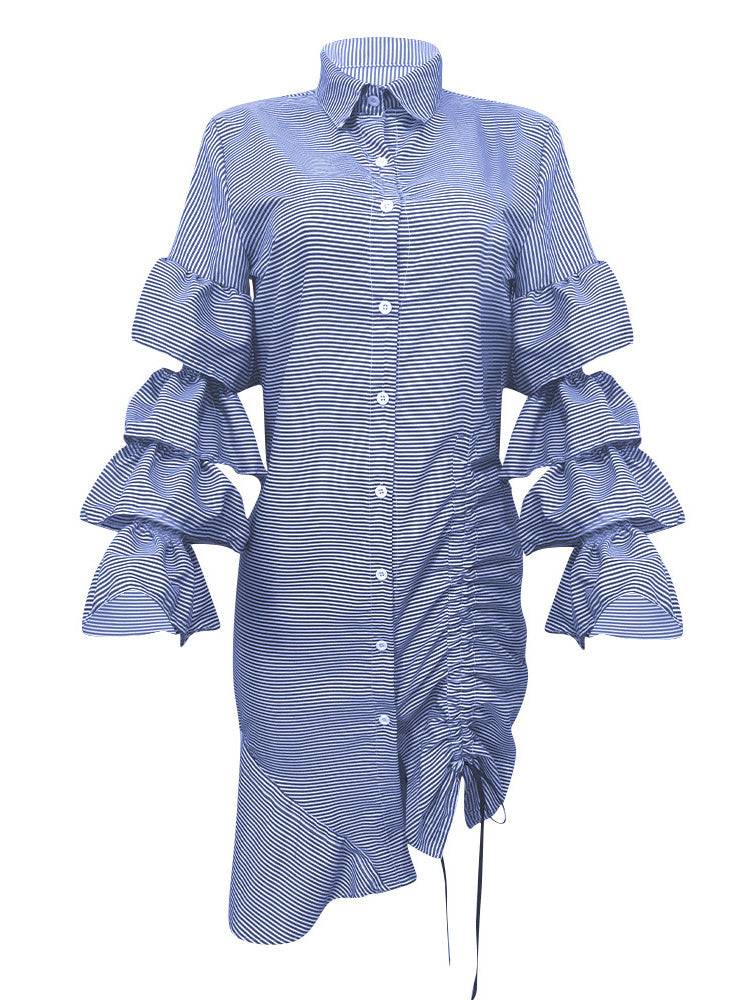 Striped midi dress with flounce sleeves - View 6 | Lwiis