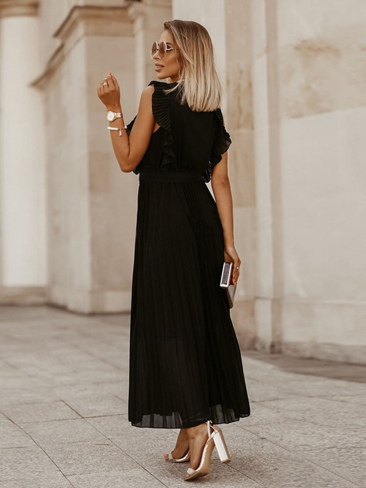 V-neck pleated maxi dress with ruffled trim and belted waist - View 24 | Lwiis