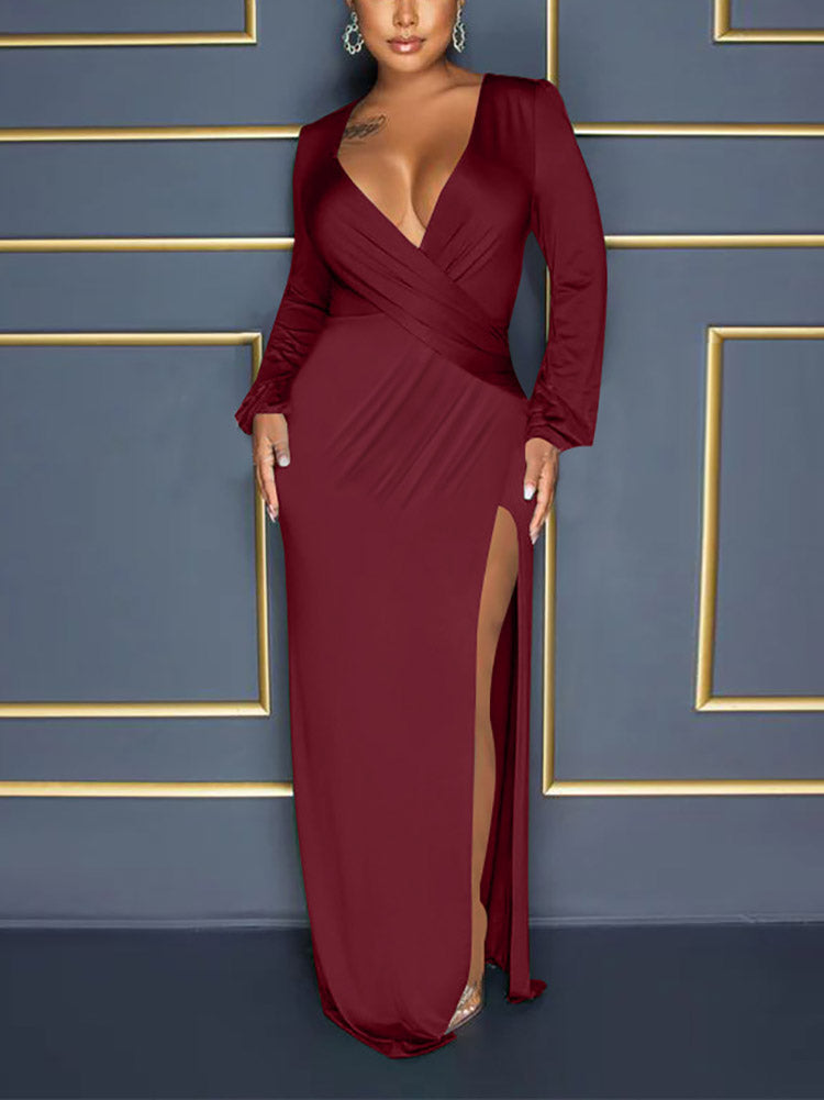 Elegant V Neck Side Split Maxi Dress - View 11 | Lwiis