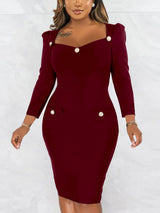 woman wearing a burgundy sheath dress with long sleeves and button details