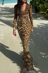 Tiefer V-Ausschnitt Langarm Leopard Print Bodycon Maxikleider - Hellbraun