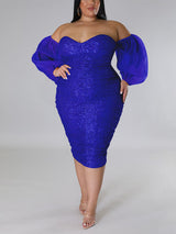 Sequin Midi Dress with Puff Sleeves - View 26 | Lwiis