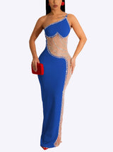 One Shoulder Asymmetrical Mesh Dress with Beaded Embellishments - View 11 | Lwiis