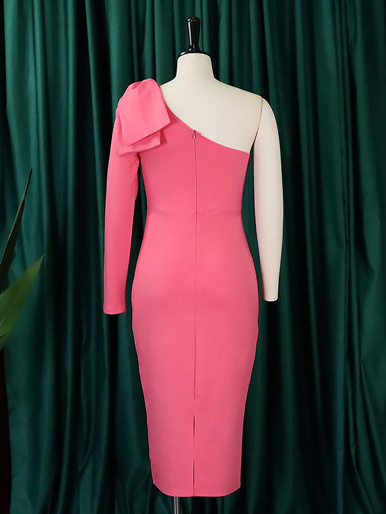 Back view of a pink one-shoulder dress with a zipper closure.