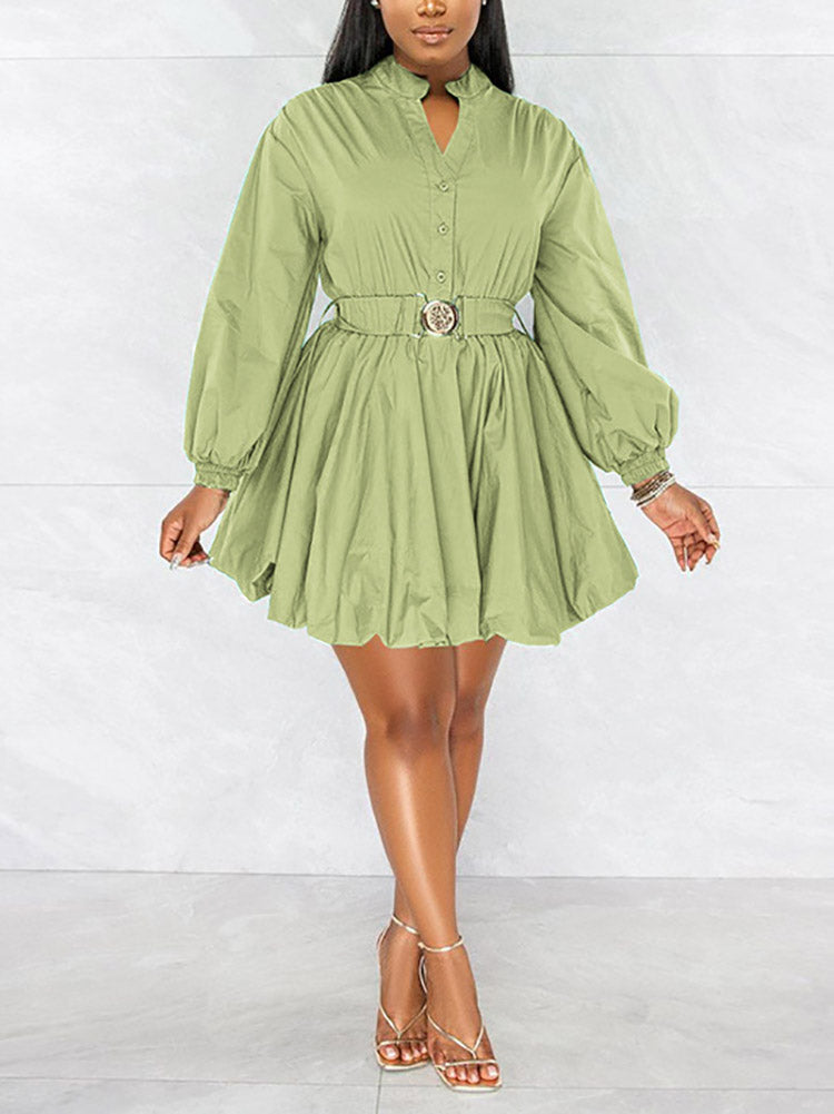 Puffy sleeve belted dress - View 13 | Lwiis